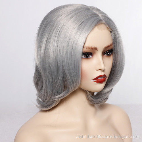 wholesale cheap lace frontal short bob wigs sliver-white natural wave synthetic hair wigs for women
